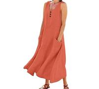 Cihdmfb Sommerkleid Damen Lange Baumwolle Leinen Kleid Elegant Einfarbig Blusenkleid Maxikleider Summer Rundhals Ärmellos Tankkleid Tshirt Kleider Oversized Strandkleid mit Taschen(D-Orange,4XL)