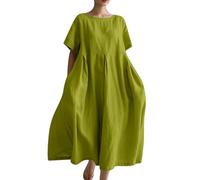 Cihdmfb Sommerkleid Damen Plus Size Locker Maxikleid Basic Einfarbig Kurzarm Leinenkleid Damen Casual Lose T-Shirt Kleid Blusenkleid mit Tasche Kurzärmliges A-Linien Kleider Strandkleid(E Grün,5XL)