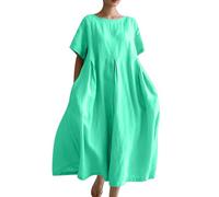 Cihdmfb Sommerkleid Damen Plus Size Locker Maxikleid Basic Einfarbig Kurzarm Leinenkleid Damen Casual Lose T-Shirt Kleid Blusenkleid mit Tasche Kurzärmliges A-Linien Kleider Strandkleid(B k-1,5XL)