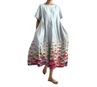 Cihdmfb Sommerkleid Damen Sommer Vintage Blumen Print Lange Blusenkleid Tunika Kleider Große Größen Rundhals 3/4 Ärmel Strandkleider Casual Sommerkleider Maxikleid Lose Freizeitkleider(O Beige,5XL)