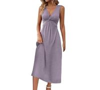 Cihdmfb Sommerkleid Damen Twist Tief V-Ausschnitt Ärmellos Shirtkleid Freizeitkleid Elegant Einfarbig Midikleid Bequeme Leichte Blusenkleid Lockere Passform Club Party Wickelkleider(B Lila,XL)