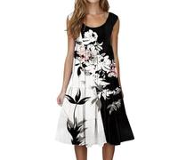 Cihdmfb Sommerkleid Damen Vintage Blumen Drucken Strapskleid Summer U-Ausschnitt Ärmellose Midikleid Oversized Knielang Blusenkleid Elegantes Plissee Strandkleider Locker Freizeitkleid(C Schwarz,3XL)