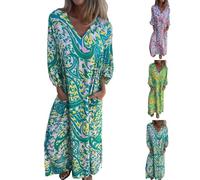 Cihdmfb Sommerkleid Damen Vintage Boho Blumen Print Blusenkleid Maxikleid Oversized Langarm Strandkleider Casual V-Ausschnitt Tunikakleid Locker T-Shirt Kleider Freizeitkleider(A Grün,3XL)