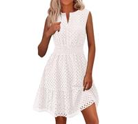 Cihdmfb Sommerkleider Damen Elegant Einfarbig Lochstickerei Kleid Lässige V Ausschnitt Kurzarm Blusenkleid Leicht und Luftig Midikleid Mit Ösen Strandkleid Häkel Spitze Freizeitkleider(C Weiß,L)