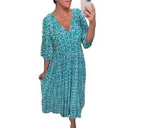 Cihdmfb Sommerkleider Damen Große Größen Boho Blumen Print Tunika Kleid Strandkleid Frühling Sommer Tief V-Ausschnitt 3/4 Ärmel Kleid Blumenmuster Tunikakleider Freizeitkleid(C Blau,5XL)