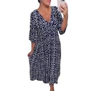 Cihdmfb Sommerkleider Damen Große Größen Boho Blumen Print Tunika Kleid Strandkleid Frühling Sommer Tief V-Ausschnitt 3/4 Ärmel Kleid Blumenmuster Tunikakleider Freizeitkleid(C Marineblau,4XL)