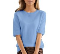 Cihdmfb Strick Tshirt Damen Casual V Ausschnitt Kurzarm Pullover Elegant Einfarbig Strickpullover Oberteil Loose Fit Strickshirts Basic Solide Kurzarmpullover Leicht Pulli Tops(C-Himmelblau,XXL)