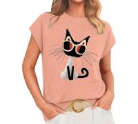 Cihdmfb Strickpullover Damen Kurzarm Rundhalsausschnitt Strickshirt Elegant Leicht Kurzarm Pullover Mit Katzenmotiv Bequem Casual Strickpulli Sommerpullover Loose Fit Pullis Shirt Tops(B-Rosa,L)