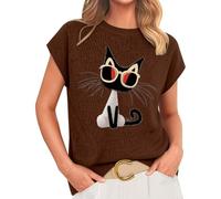 Cihdmfb Strickpullover Damen Kurzarm Rundhalsausschnitt Strickshirt Elegant Leicht Kurzarm Pullover Mit Katzenmotiv Bequem Casual Strickpulli Sommerpullover Loose Fit Pullis Shirt Tops(F-Rosa,S)