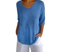 Cihdmfb Strickpullover Damen Oversize Strickshirt Elegant V-Ausschnitt 3/4 Ärmel Sweater Basic Einfarbig Kurzarm Pullover Sommerpullover Damen Leicht Locker Pulli Shirt Tops Oberteile(Blau,M)
