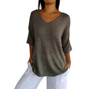 Cihdmfb Strickpullover Damen Oversize Strickshirt Elegant V-Ausschnitt 3/4 Ärmel Sweater Basic Einfarbig Kurzarm Pullover Sommerpullover Damen Leicht Locker Pulli Shirt Tops Oberteile(Dunkelgrau,L)