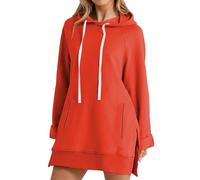 Cihdmfb Sweatkleid Damen Oversized Lange Hoodie Kleid Elegant Einfarbig Langarm Kapuzenpullover Side Slit Saum Pulloverkleid Herbstkleid Lockere Passform Sport Winterkleid mit Taschen(A-Orange,XL)