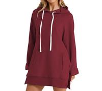 Cihdmfb Sweatkleid Damen Oversized Lange Hoodie Kleid Elegant Einfarbig Langarm Kapuzenpullover Side Slit Saum Pulloverkleid Herbstkleid Lockere Passform Sport Winterkleid mit Taschen(A-Wein,XXL)