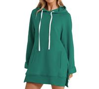 Cihdmfb Sweatkleid Damen Oversized Lange Hoodie Kleid Elegant Einfarbig Langarm Kapuzenpullover Side Slit Saum Pulloverkleid Herbstkleid Lockere Passform Sport Winterkleid mit Taschen(A-Grün,L)