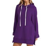 Cihdmfb Sweatkleid Damen Oversized Lange Hoodie Kleid Elegant Einfarbig Langarm Kapuzenpullover Side Slit Saum Pulloverkleid Herbstkleid Lockere Passform Sport Winterkleid mit Taschen