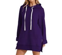 Cihdmfb Sweatshirtkleid Damen Oversized Lange Hoodie Kleid Elegant Einfarbig Langarm Kapuzenpullover Side Slit Saum Sweatkleid Kordelzug Sweatshirt mit Kapuzen Pulloverkleid mit Taschen(A-Lila,4XL)