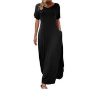 Cihdmfb T-Shirt Kleider Damen Casual V-Ausschnitt Kurzarm Sommerkleid Elegant c Locker Swing Midikleid Wickelkleid Leicht und Luftig Tunikakleid Knielang Freizeitkleider(Schwarz,M)