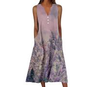 Cihdmfb T-Shirt Kleider Damen Casual V-Ausschnitt Kurzarm Sommerkleid Elegant Einfarbig Lange Freizeitkleider Leicht und Luftig Tunika Kleid Blusenkleid Locker Maxikleid mit Taschen(Lila,XL)