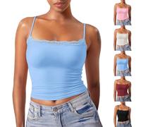 Cihdmfb Tank Tops Damen Sexy Spaghetti Cami Trägertop Elegant Einfarbig Square Neck Ärmellos Weste Blumen Spitze Stitching Crop Top Spaghetti Träger Tank Top Slim Fit Oberteile(A Hellblau,M)