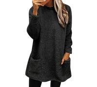 Cihdmfb Teddy Fleece Pullover Damen Winter Warm Sweatshirt ohne Kapuze Elegant Einfarbig Langarm Fleecepullover Große Größen Rundhals Winterpullover Thermo Plüschjacke Fleecemantel(A-Schwarz,XXL)