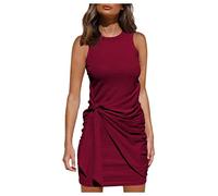 Cihdmfb Tshirt Kleid Damen Rundhals Stretch Slim Fit Party Kurzes Minikleid Elegant Sommer Einfarbig Kurzarm Shirtkleider Leicht Kurz Sommerkleider mit Seitlich Gebunden Freizeitkleid(F Rot,L)