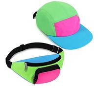 Cindeer 2 Stück 80er 90er Neon Gürteltasche und Baseball Kappe Retro Gürteltasche Trucker Kappe für Damen Herren Party (Grün)