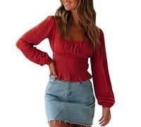 cinnamou Tops, T-Shirts & Blusen für Damen - Tops für Damen Modische lässige Frauen Bluse geraucht Lange Risse Oben solide farbenfrohe Ärmellen Oberseite Sommer Shirt Frau Teenager Mädchen T-Shirt