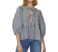 Cioatin Damen-Hemd, kariert, mit Fliege vorne, niedliche Puffärmel, Y2K, Schößchen, Rüschen, Babydoll-Bluse, Schnürung, Sommer, Ausgehen, Schwarz Plaid , Groß