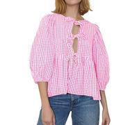 Cioatin Damen-Hemd, kariert, mit Fliege vorne, niedliche Puffärmel, Y2K, Schößchen, Rüschen, Babydoll-Bluse, Schnürung, Sommer, Ausgehen, pinkes Karomuster, Groß