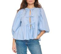 Cioatin Damen-Hemd mit Fliege vorne, niedliche Puffärmel, Y2K, Schößchen, Rüschen, Babydoll-Bluse, Schnürung, Sommer, Ausgehen, Blau, Klein