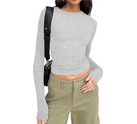 Cioatin Damen Langarm Rundhals Crop Top Tee Shirt Basic Solid Tight Slim Fit Cropped Shirt Workout Yoga Hellgrau XS