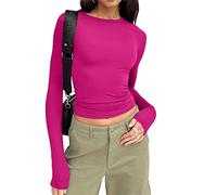 Cioatin Damen Langarm Rundhals Crop Top Tee Shirt Basic Solid Y2K Tight Slim Fit Cropped Shirt Workout Yoga, Knallpink (Hot Pink), Klein