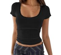 Cioatin Damen Y2K Spitzen-T-Shirt mit Schleife, Patchwork, Pointelle, bauchfreies T-Shirt, kurze Ärmel, U-Ausschnitt, enganliegend, für Mädchen, Kokette, Sommer, Schwarz, Klein