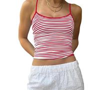 Cioatin Süßes Y2K gestreiftes Colorblock-Crop-Top für Damen, ärmellos, U-Ausschnitt, Spaghettiträger, adrett, tailliertes Tanktop für Mädchen, rot/weiß, Klein