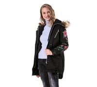 Cipo & Baxx Damen Jacke WJ136 Schwarz - Lange Übergangsjacke im Casual Streetwear Stil mit Fellkapuze, Stickerei & Taschen - Stylische Freizeitjacke für Alltag - WJ136 Schwarz M