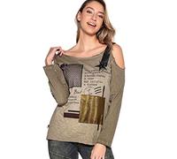 Cipo & Baxx Damen Longsleeve Sweatshirt Langarmshirt Pullover One-Shoulder-Stil Glitzer Cut-Out im Schulterbereich Khaki L