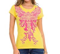 Cipo & Baxx Damen Freizeitshirt T-Shirt Print mit Strassstein Kurzarm Rundhals WT341 Gelb L