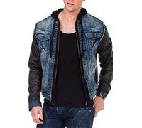 Cipo & Baxx Herren Hybrid-Denimjacke C-1290 Blau - Klassische Denim, Leder, Sport Verschiedene Jackenmodelle - Sweat-Kapuze und Sweatärmeln - mit Modernen Komfort-Details - C-1290 Blau M