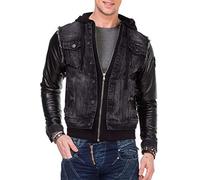 Cipo & Baxx Herren Hybrid-Denimjacke C-1290 Schwarz - Klassische Denim, Leder, Sport Verschiedene Jackenmodelle - Sweat-Kapuze und Sweatärmeln - mit Modernen Komfort-Details - C-1290 Schwarz L