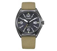 Citizen Herren-Armbanduhr AW1575-08E Military of Collection - Eco Drive, schwarzes Gehäuse 40,8 mm, Zifferblatt in Beige, Nylonband, WR 10 Bar, grün, Militär