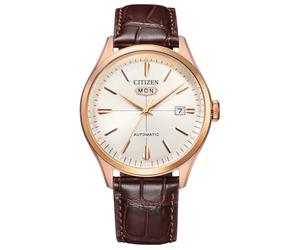 Citizen Automatik Herren Armbanduhr aus Edelstahl und Leder in der Farbe Roségold-Braun 40mm, Wasserdichtigkeit: 5Bar, NH8393-05AC