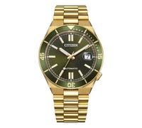 Citizen Automatische Herrenuhr Tsuyosa Shore NJ0232-53X | Gehäuse und Armband gelbvergoldet 40 mm | grünes Zifferblatt mit Saphirglas und Linse | Sichtmechanik | Wasserdicht bis 10 bar
