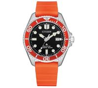 Citizen BN0268-01E Promaster Marine Eco-Drive Solaruhr Herren 40 mm | Marine-Uhr mit Saphirglas, 20 ATM, verschraubter Krone, schwarzem Zifferblatt und orangefarbenem Silikonarmband