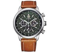 Citizen Eco Drive Chrono Herren Chronograph aus Edelstahl und Leder in der Farbe Silber-Braun-Grün 44mm, Wasserdichtigkeit: 10 Bar, CA4470-15X