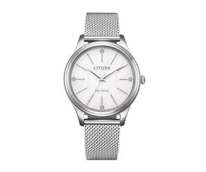 Citizen Eco-Drive Damenuhr Edelstahl, Weiß, 34 mm, EM1220-82A | Analog Quartz, Kristallglas, 5 bar Wasserdicht, 180 Tage Gangreserve, Edelstahlband