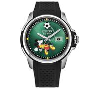CITIZEN Eco-Drive Herren Mickey Mouse, 44 mm, silberfarbenes Edelstahlgehäuse mit schwarzem Silikonarmband und grünem Zifferblatt (Stil: AW1656-08W)