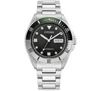 Citizen Herren-Automatikuhr, silberfarbenes Edelstahl-Armband, schwarzes Zifferblatt, 3 Zeiger Tag/Datum (Modell NH7531-50E)