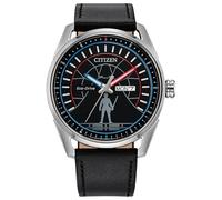 CITIZEN Herren Eco-Drive Star Wars Duell, 42 mm silberfarbenes Edelstahlgehäuse mit schwarzem Lederarmband und schwarzem Zifferblatt (Stil: AW0160-09W)