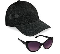 CityComfort Baseball Cap Mädchen, 2er-Set Verstellbarer Basecap & UV-Schutz Sonnenbrille Kinder - Geschenke für Mädchen (Schwarz Glitzern)