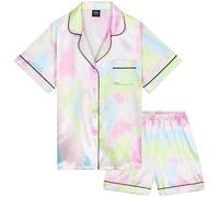 CityComfort Schlafanzug Mädchen 7-16 Jahre, 2-teiliges Satin Sommer Pyjama Set mit Kurzarm Top und Shorts, Geschenke für Mädchen (15-16 Jahre, Multi Regenbogen)